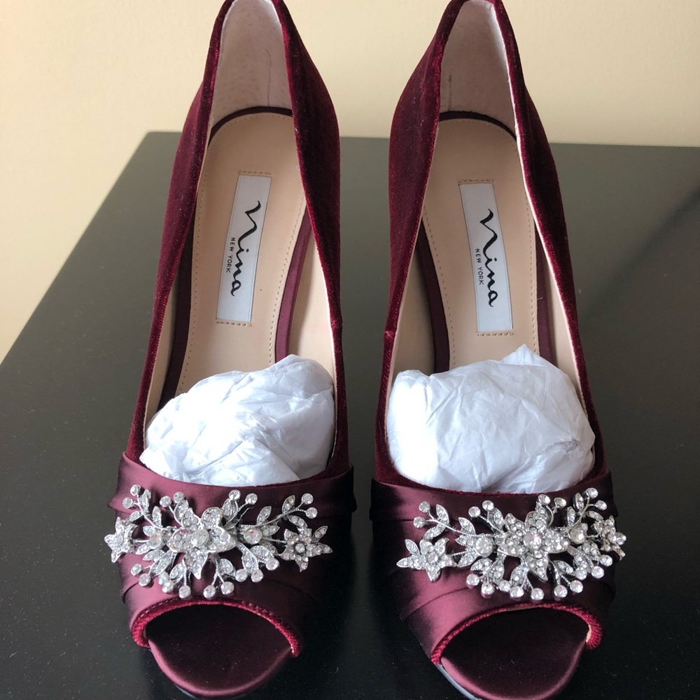 Embellished velvet peep toe pumps